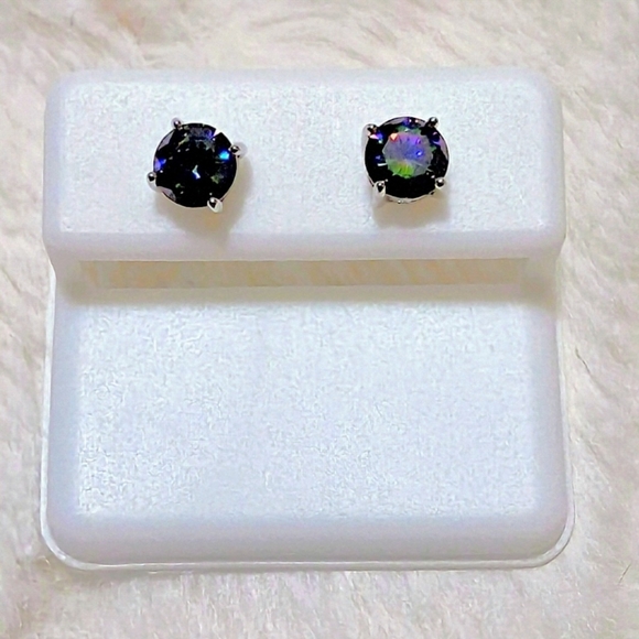 925 Sterling Silver Jewelry - 925 Sterling Silver & Mystic Topaz Round Pushback Stud Earrings